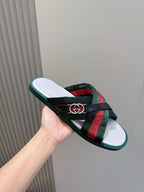 Black Leather Web Stripe Crossover - Men's