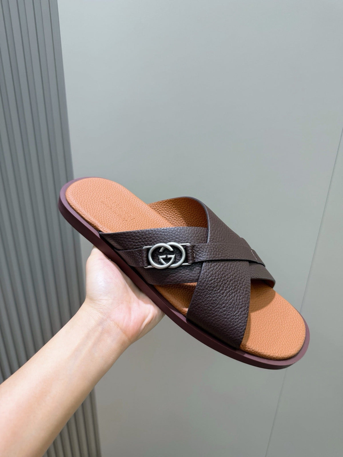 Brown Leather Plain Crossover - Men's