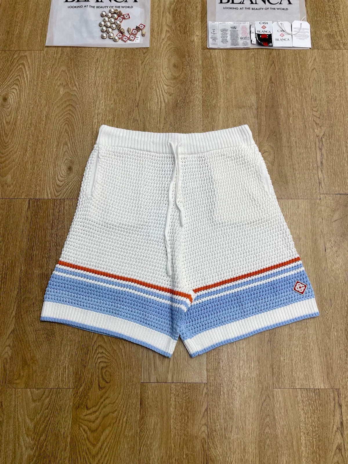 Blue and Red Striped Knit Shorts - Men's