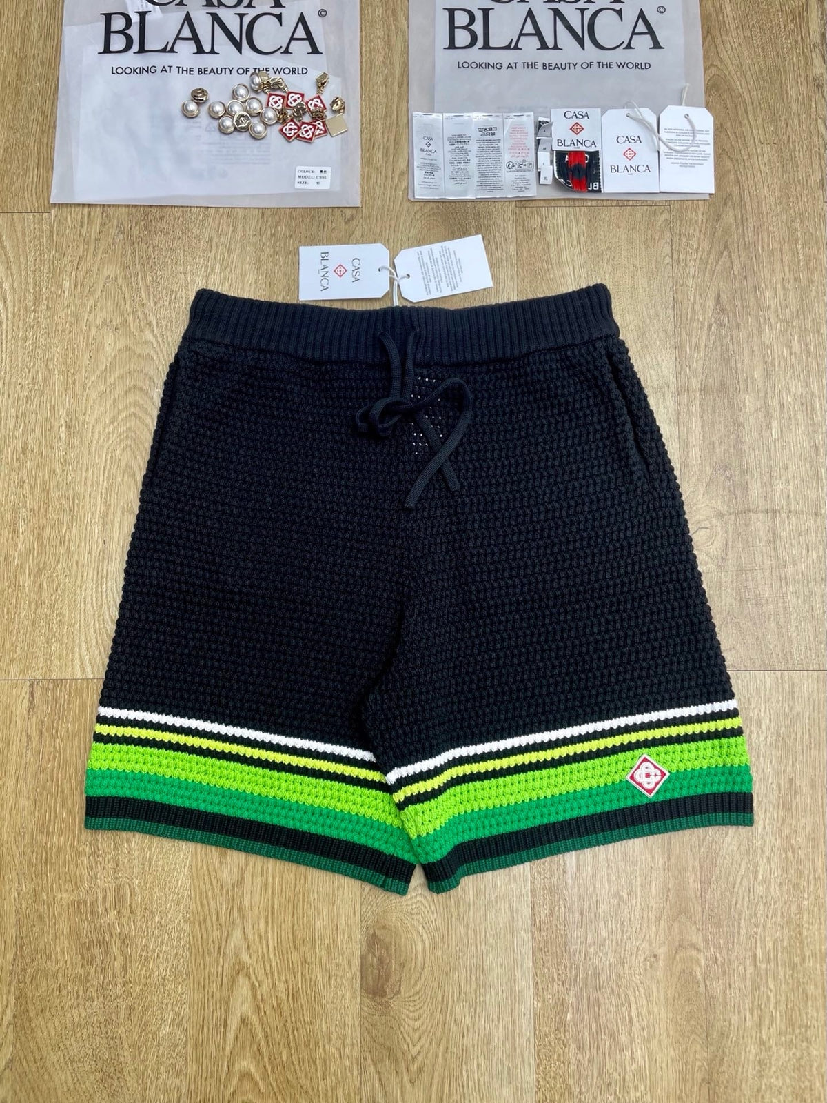 Black and Green Striped Knit Shorts - Men's