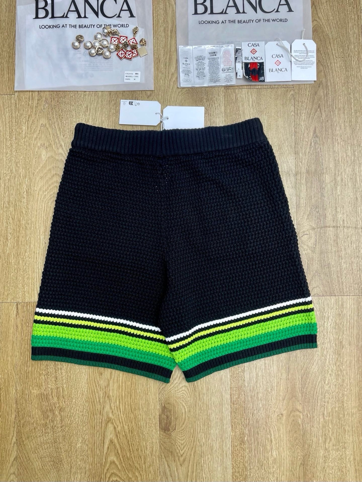 Black and Green Striped Knit Shorts - Men's