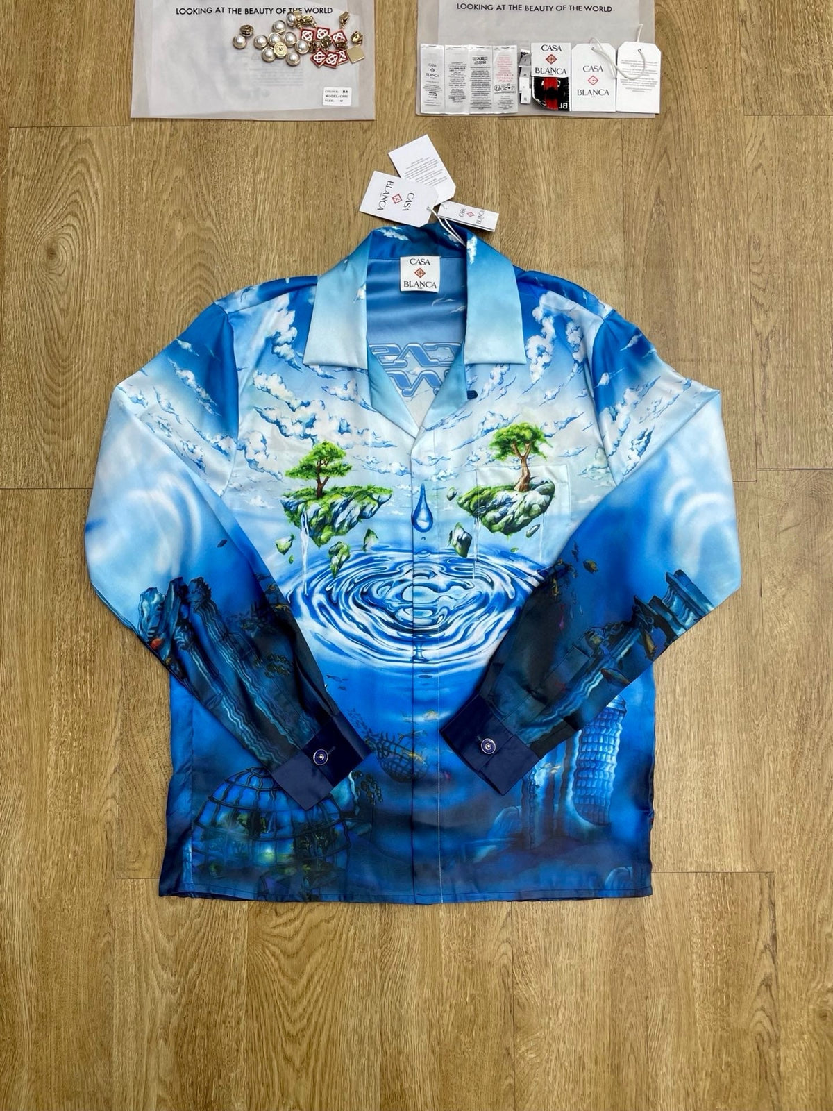 Blue Scenic Print Silk Shirt - Men's