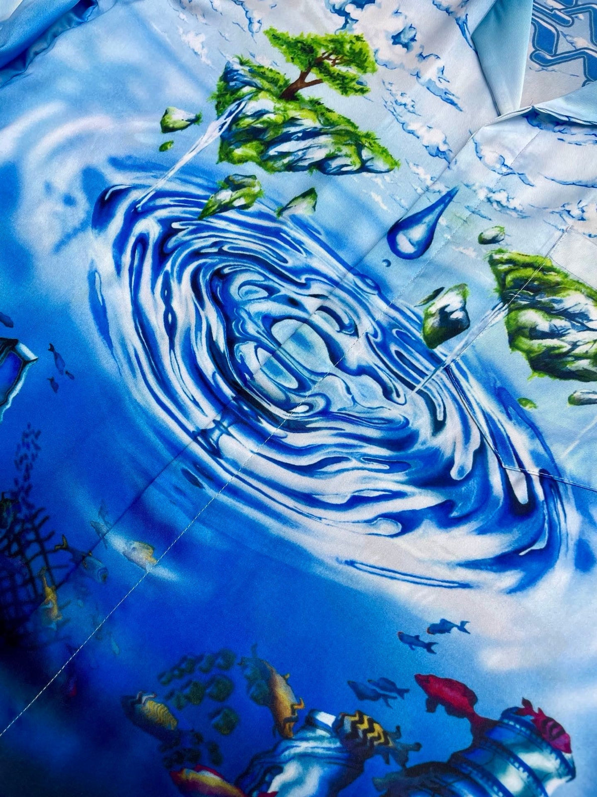 Blue Scenic Print Silk Shirt - Men's