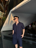 Navy Cotton Plain Short-Sleeve - Men's