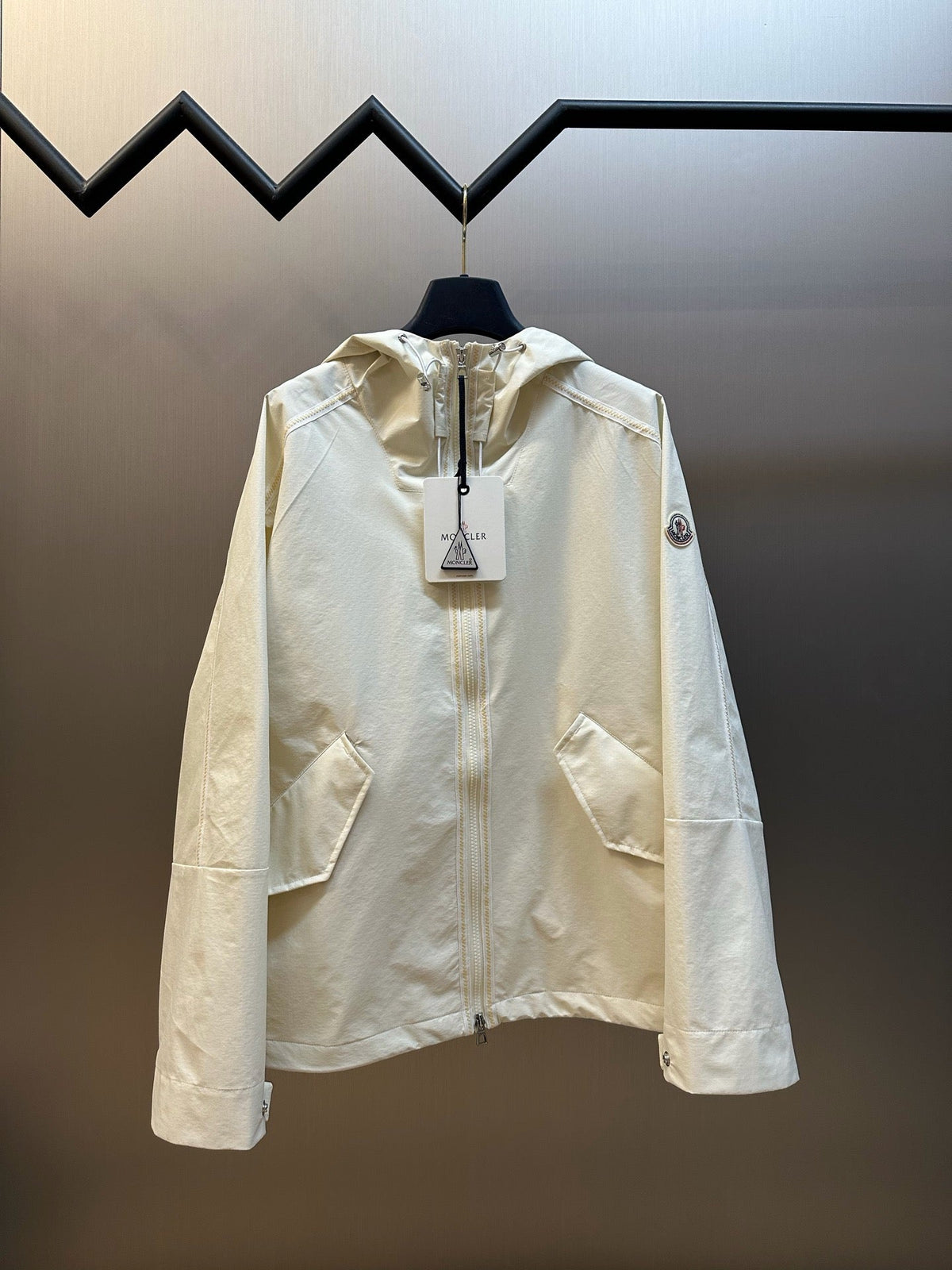 Cream Nylon Plain Hooded - Men's