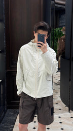 Cream Nylon Plain Hooded - Men's