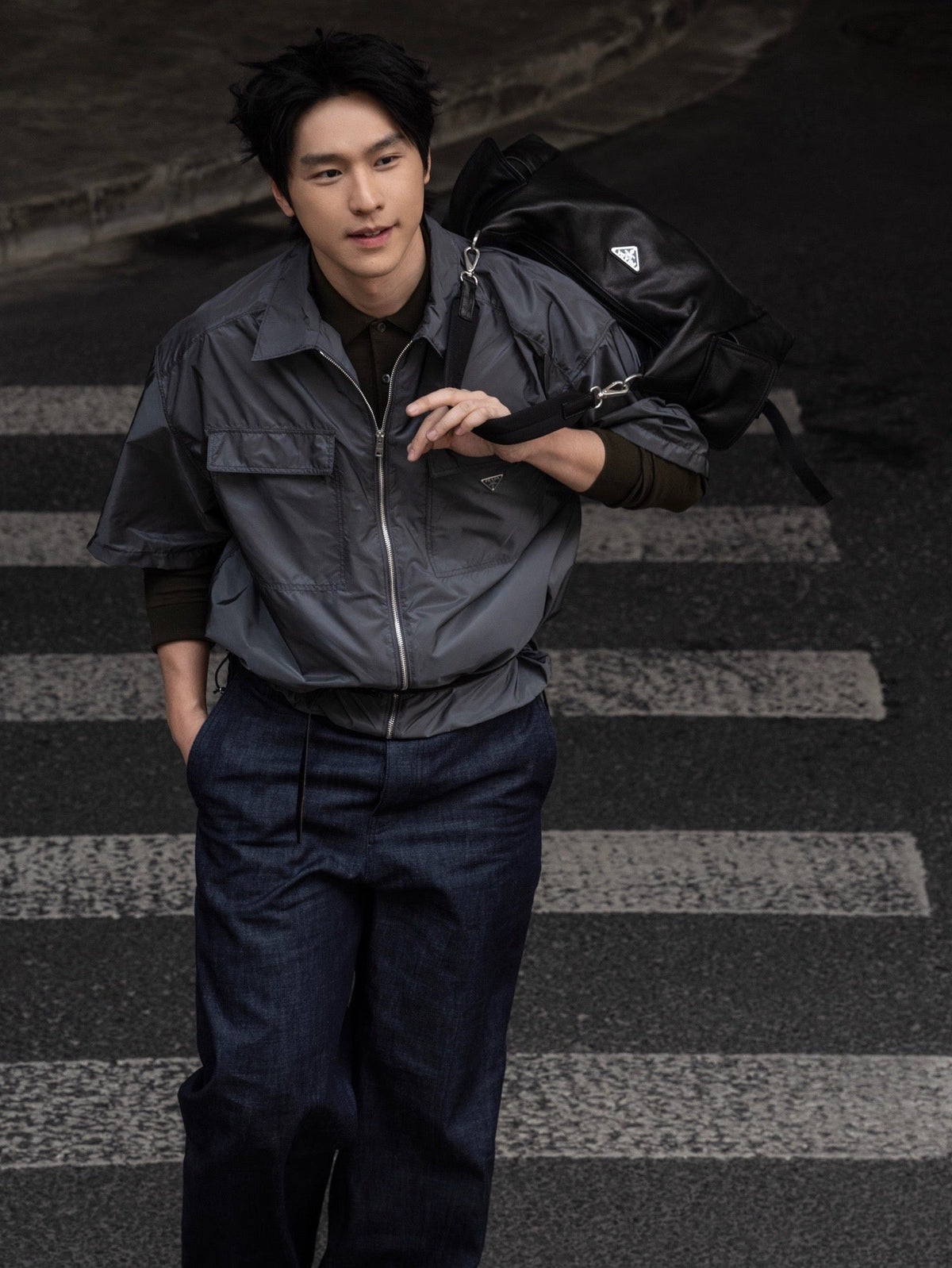 Black Nylon Short-Sleeve Shirt Jacket - Men's