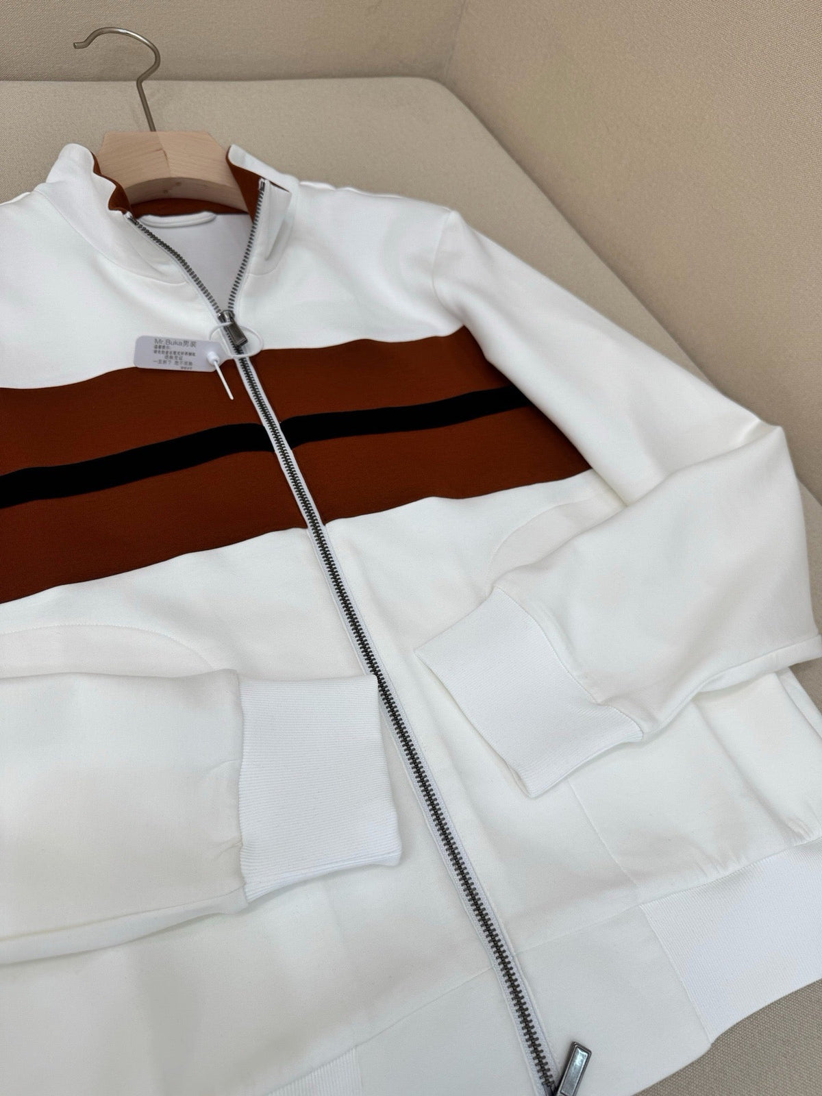 Cream Knit Contrast Panel Blouson - Men's
