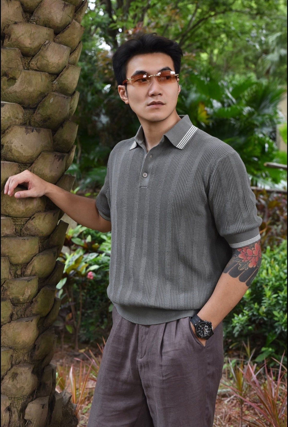 Navy Knit Contrast Collar Short-Sleeve - Men's