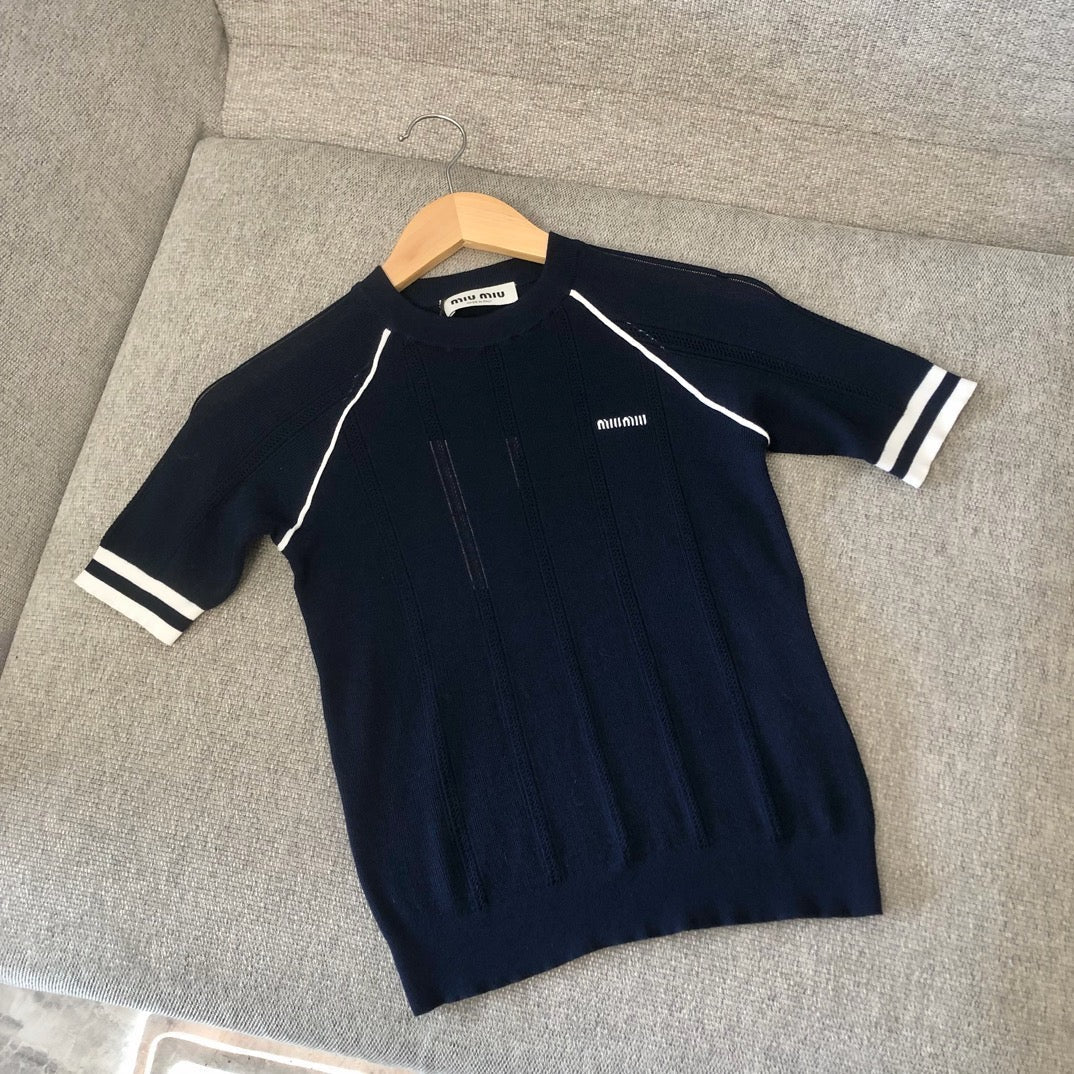 Navy Knit Striped Cuff Short-Sleeve - Women's