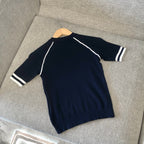 Navy Knit Striped Cuff Short-Sleeve - Women's