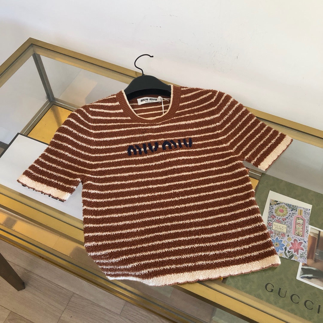 Brown Knit Striped Short-Sleeve - Women's