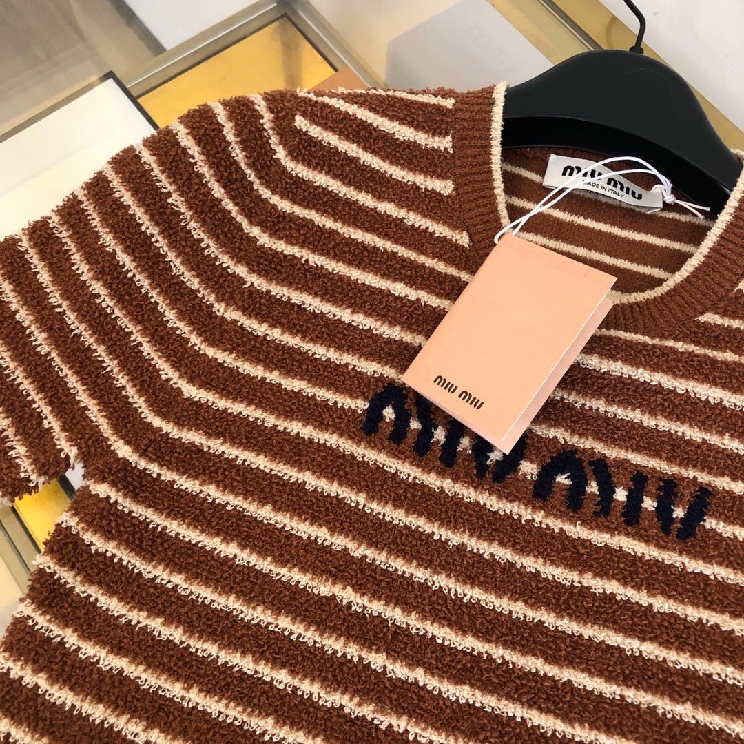 Brown Knit Striped Short-Sleeve - Women's