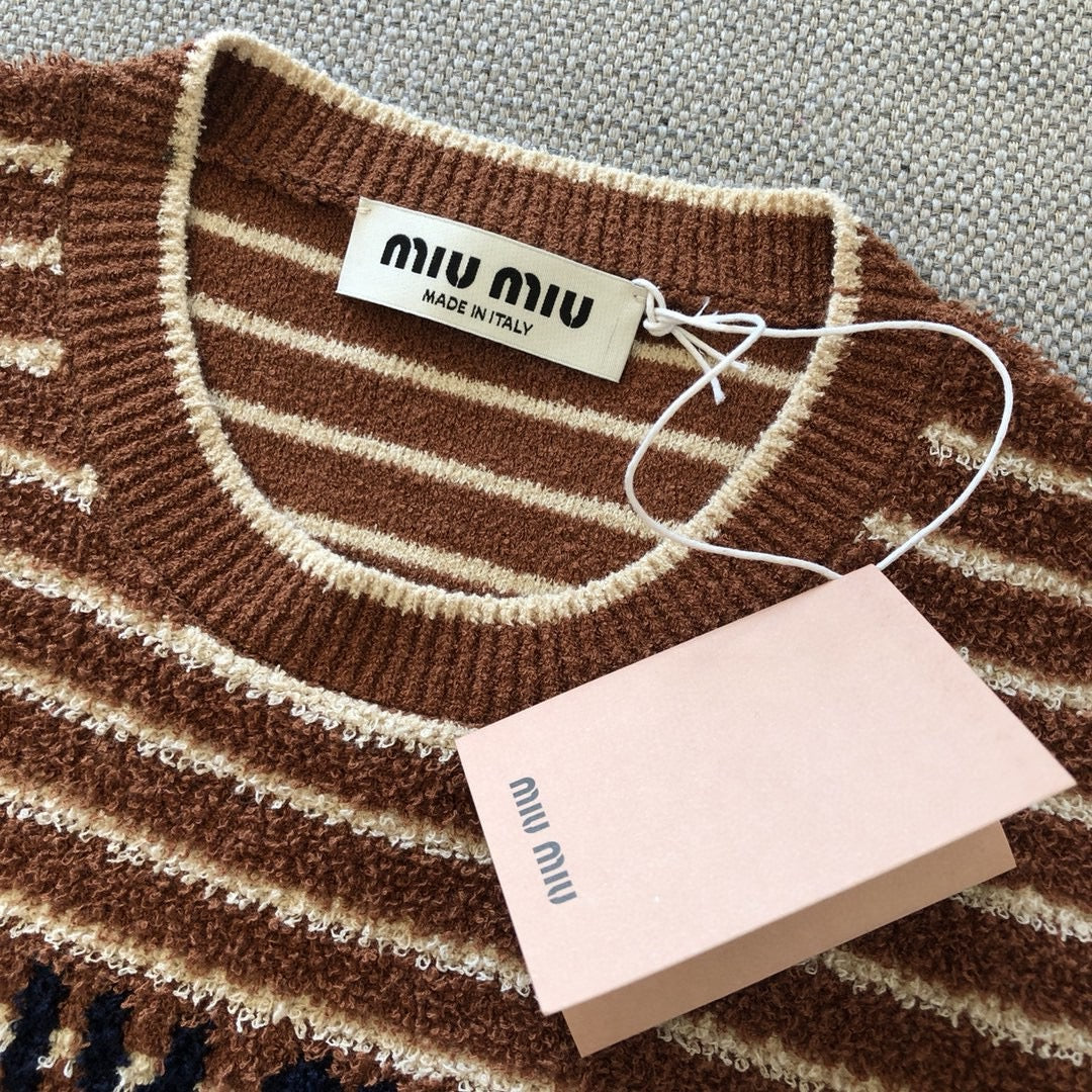 Brown Knit Striped Short-Sleeve - Women's