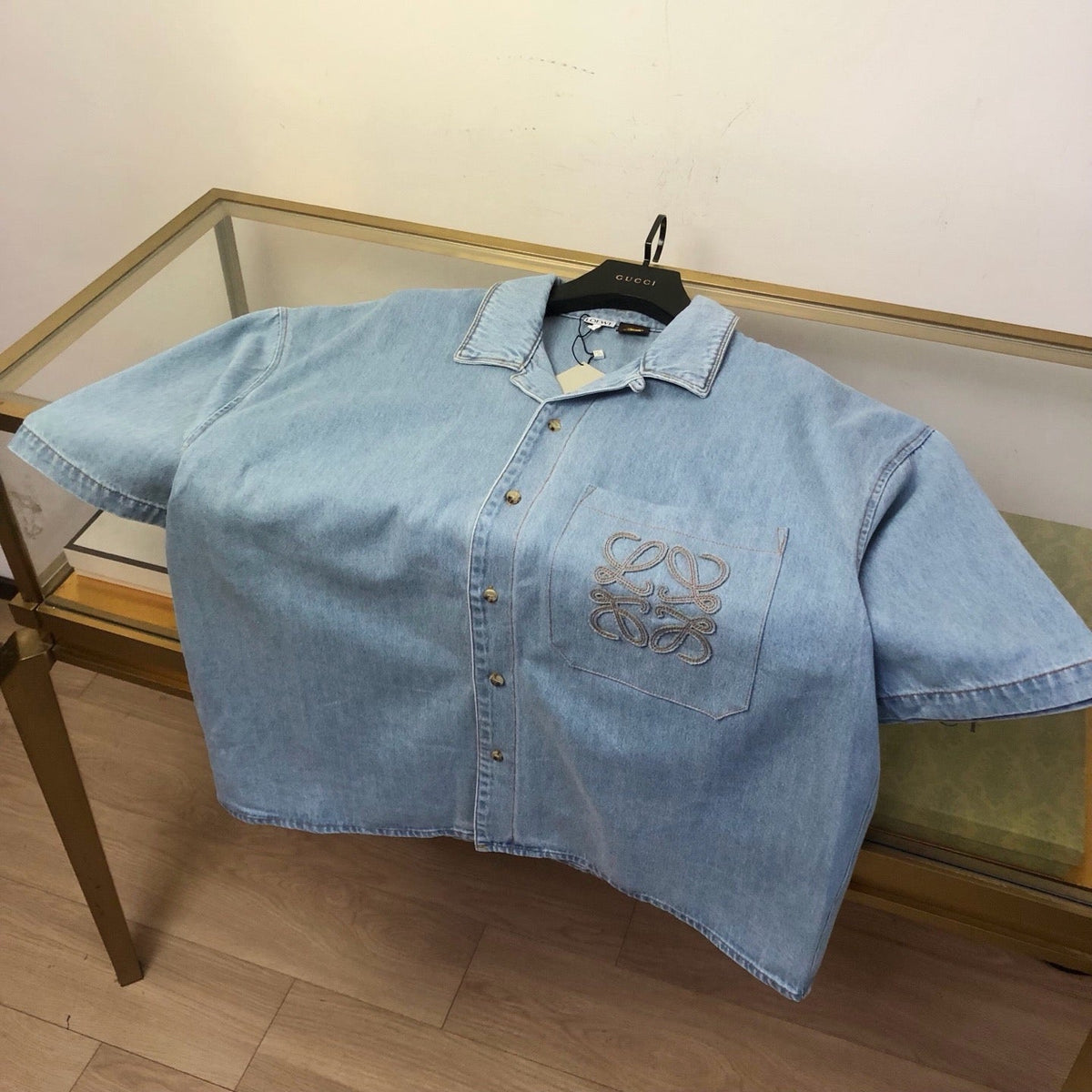 Blue Denim Embroidered Short-Sleeve - Men's