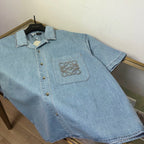 Blue Denim Embroidered Short-Sleeve - Men's