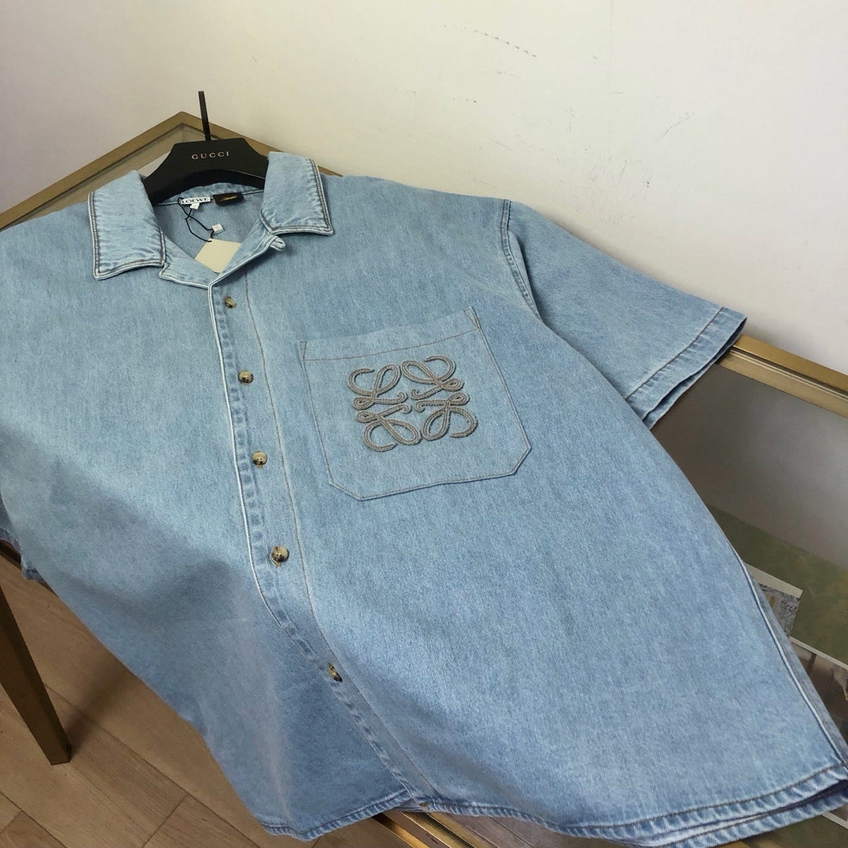 Blue Denim Embroidered Short-Sleeve - Men's