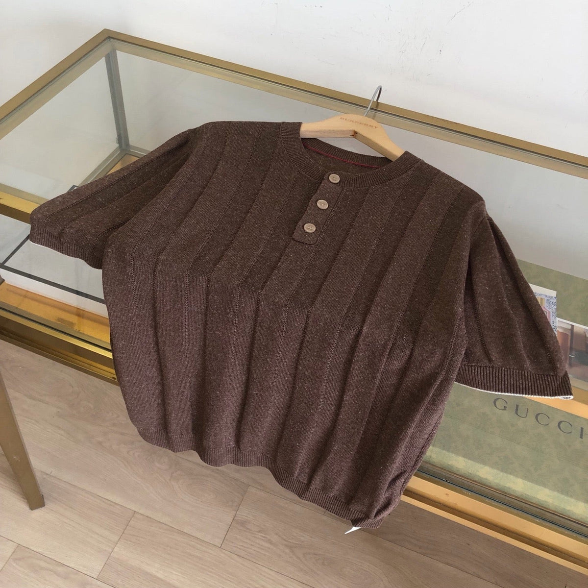 Brown Knit Ribbed Short-Sleeve - Women's