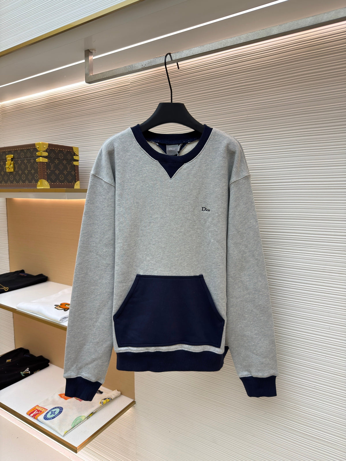 Grey Cotton Colourblock Crewneck - Men's