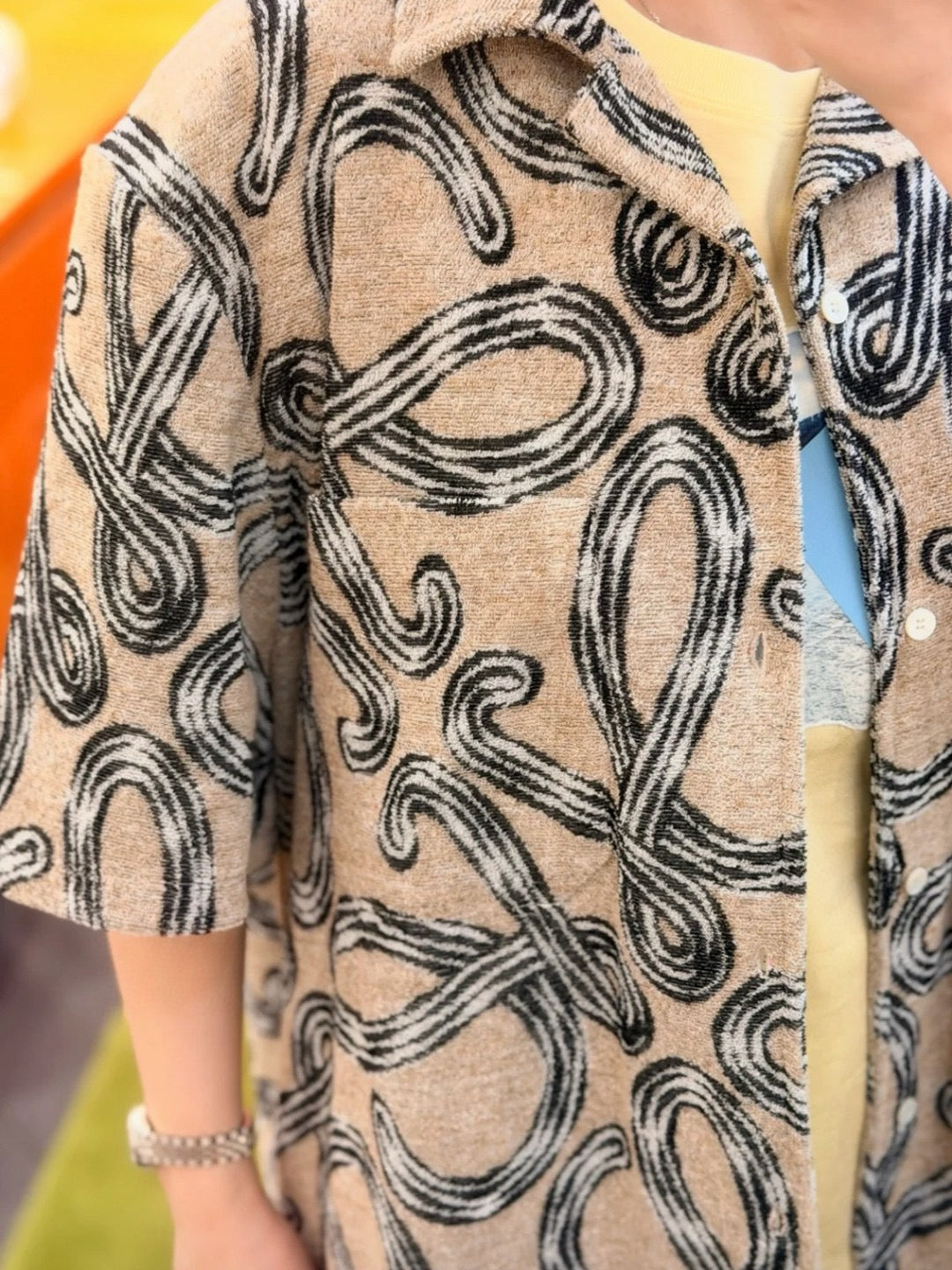 Beige Silk Print Short-Sleeve - Men's