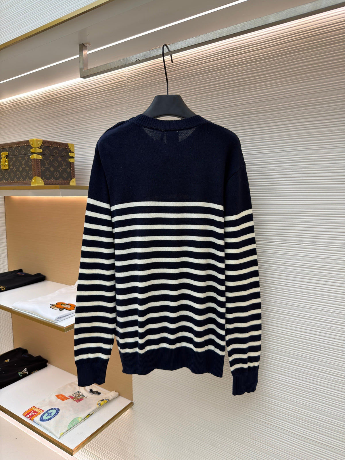 Navy Wool Striped Crewneck - Men's