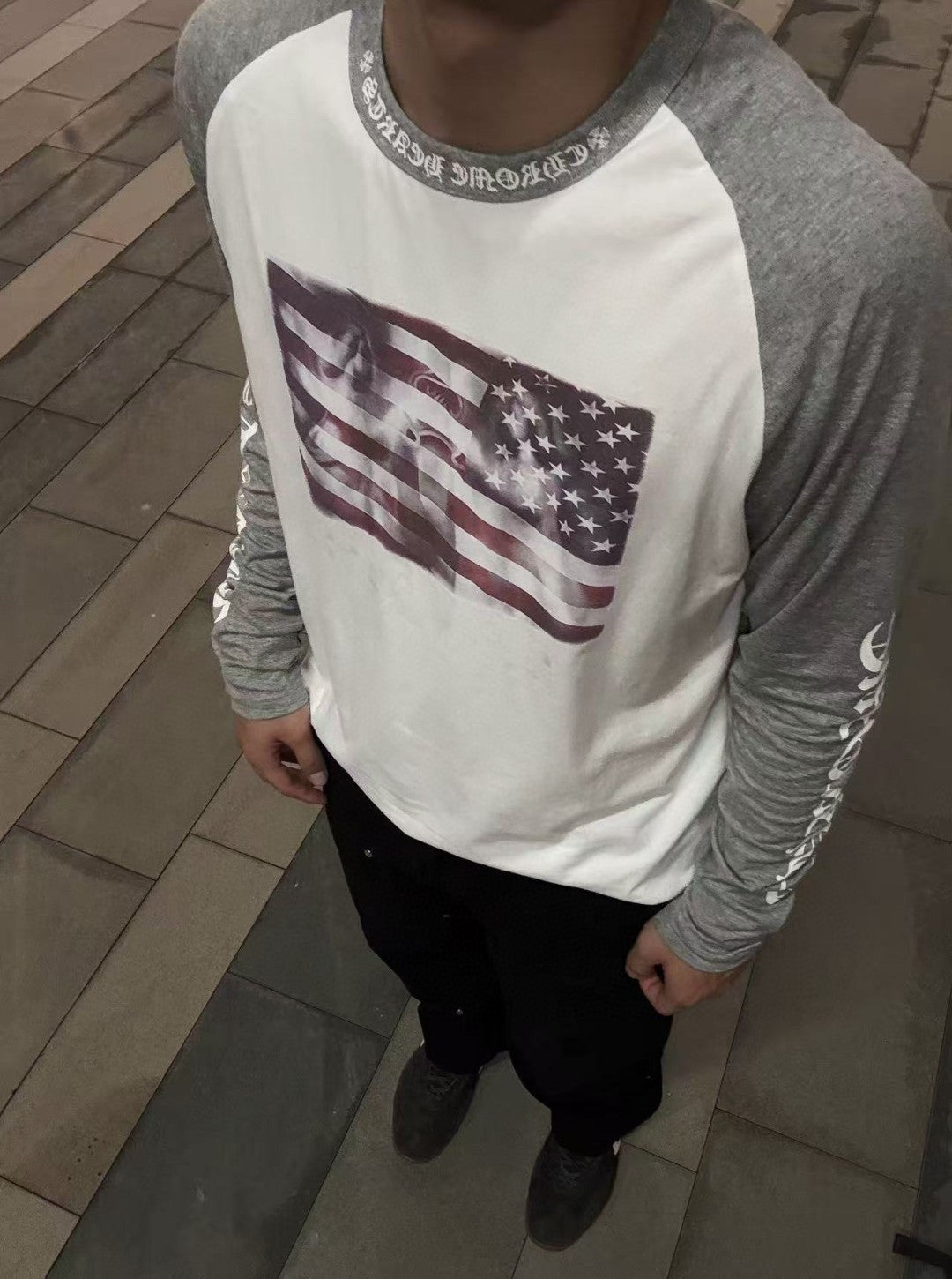 Black Cotton Flag Print Long-Sleeve - Men's