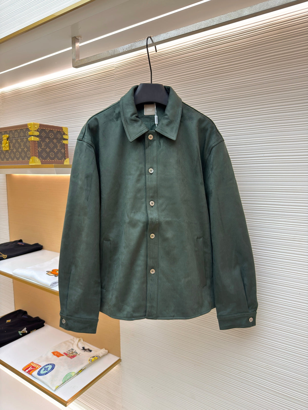 Green Leather Plain Shirt Jacket - Men's