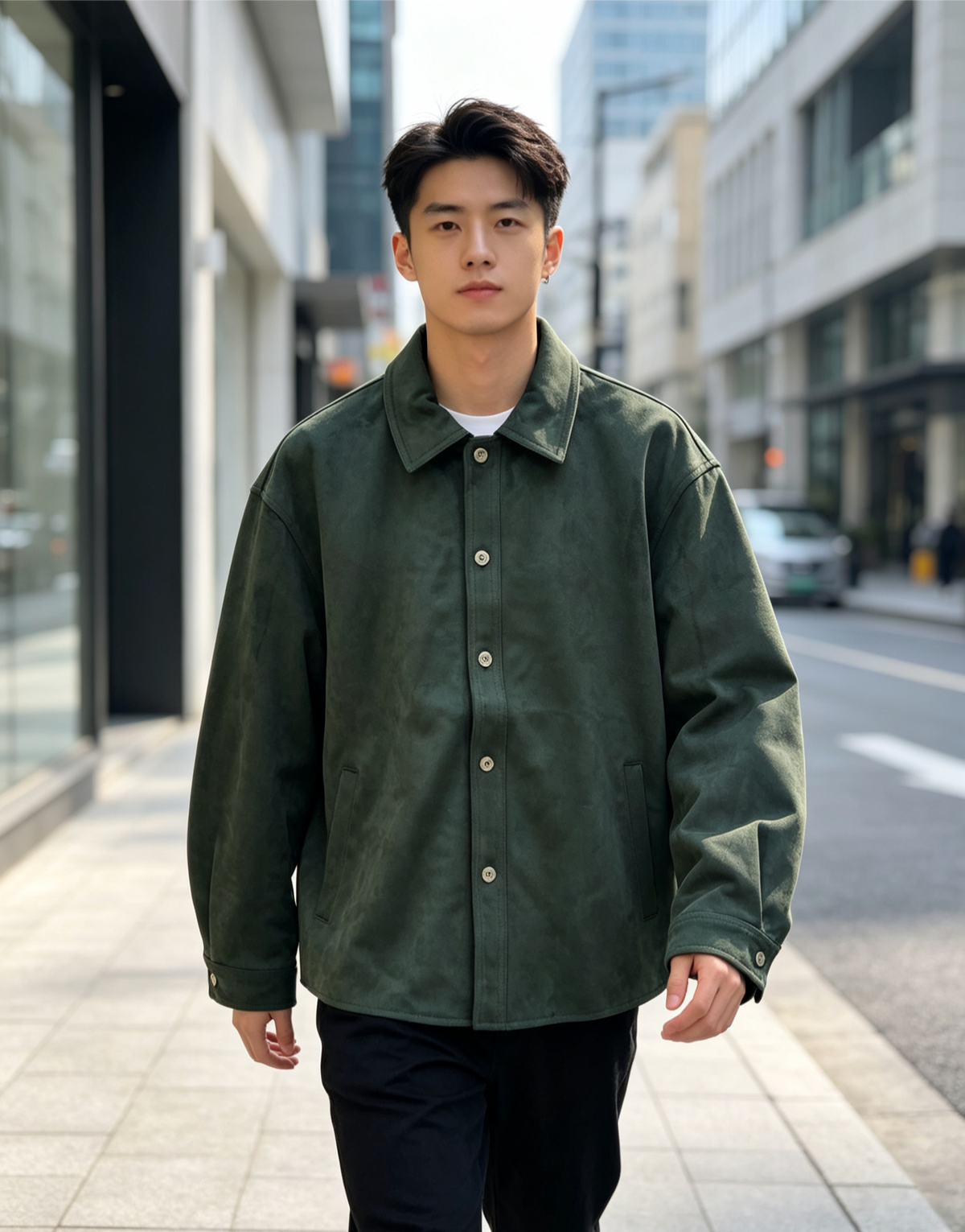Green Leather Plain Shirt Jacket - Men's