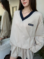 Cream Cotton Contrast Collar Long-Sleeve - Women's