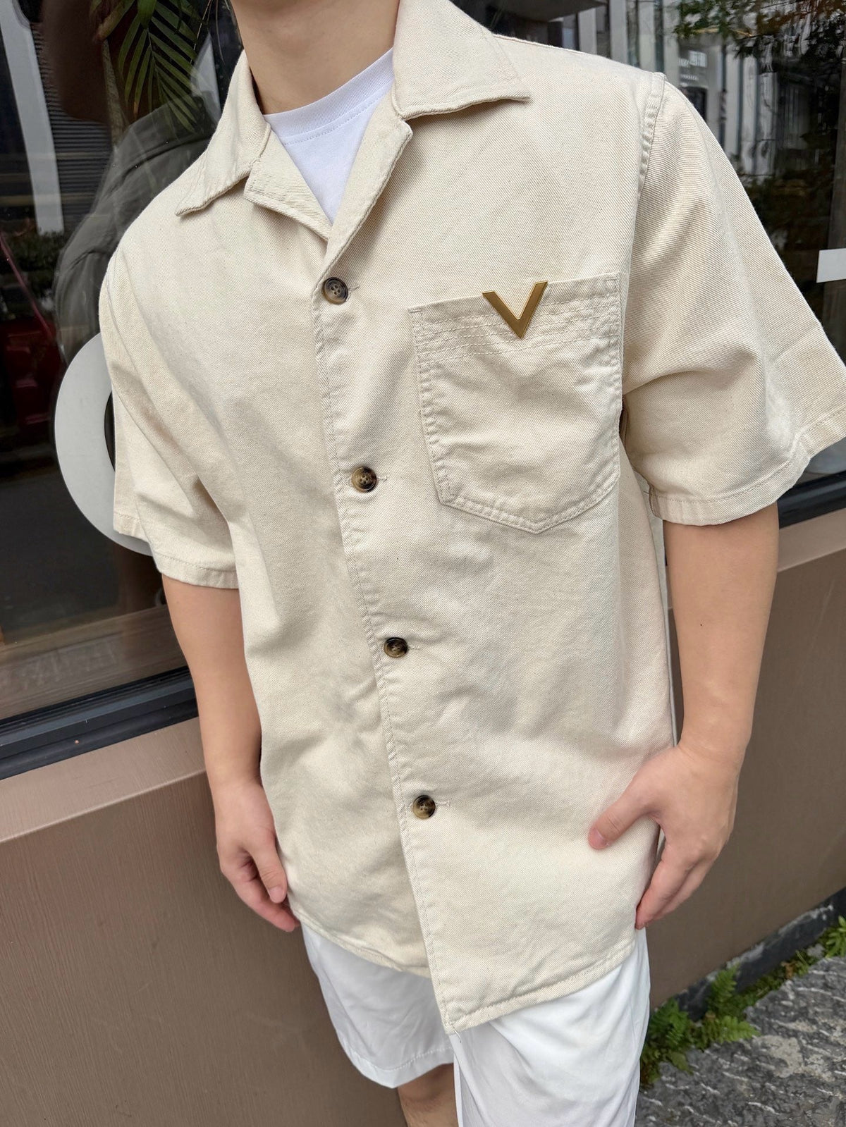 Cream Cotton Logo Short-Sleeve - Men's