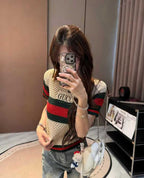 Beige Crochet Striped Short-Sleeve - Women's