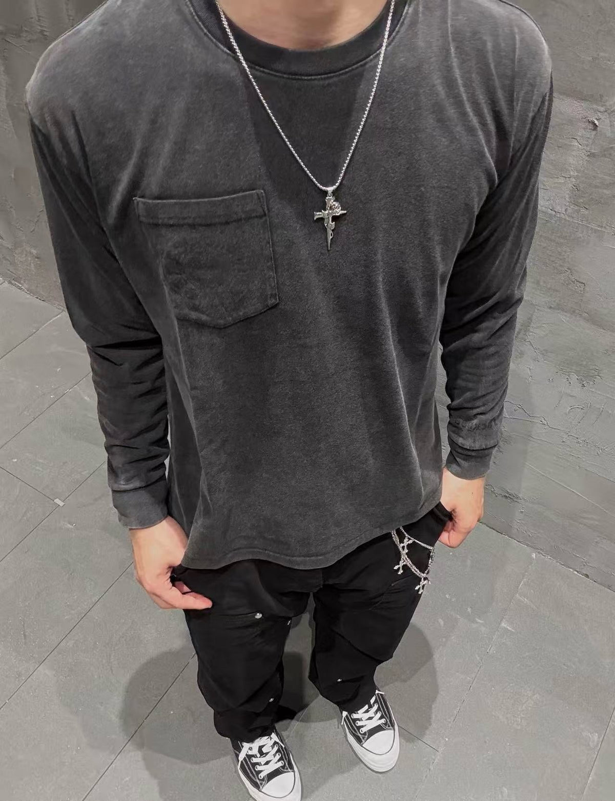 Grey Cotton Pocket Long-Sleeve - Men's