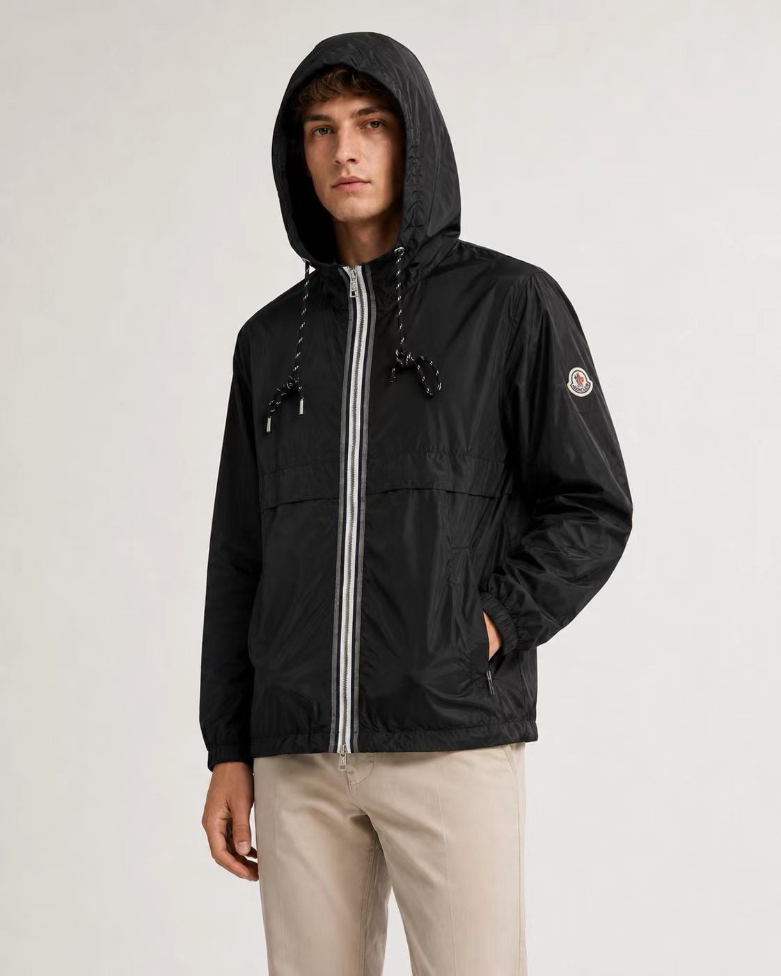 Black Nylon Contrast Zip Hooded - Men's