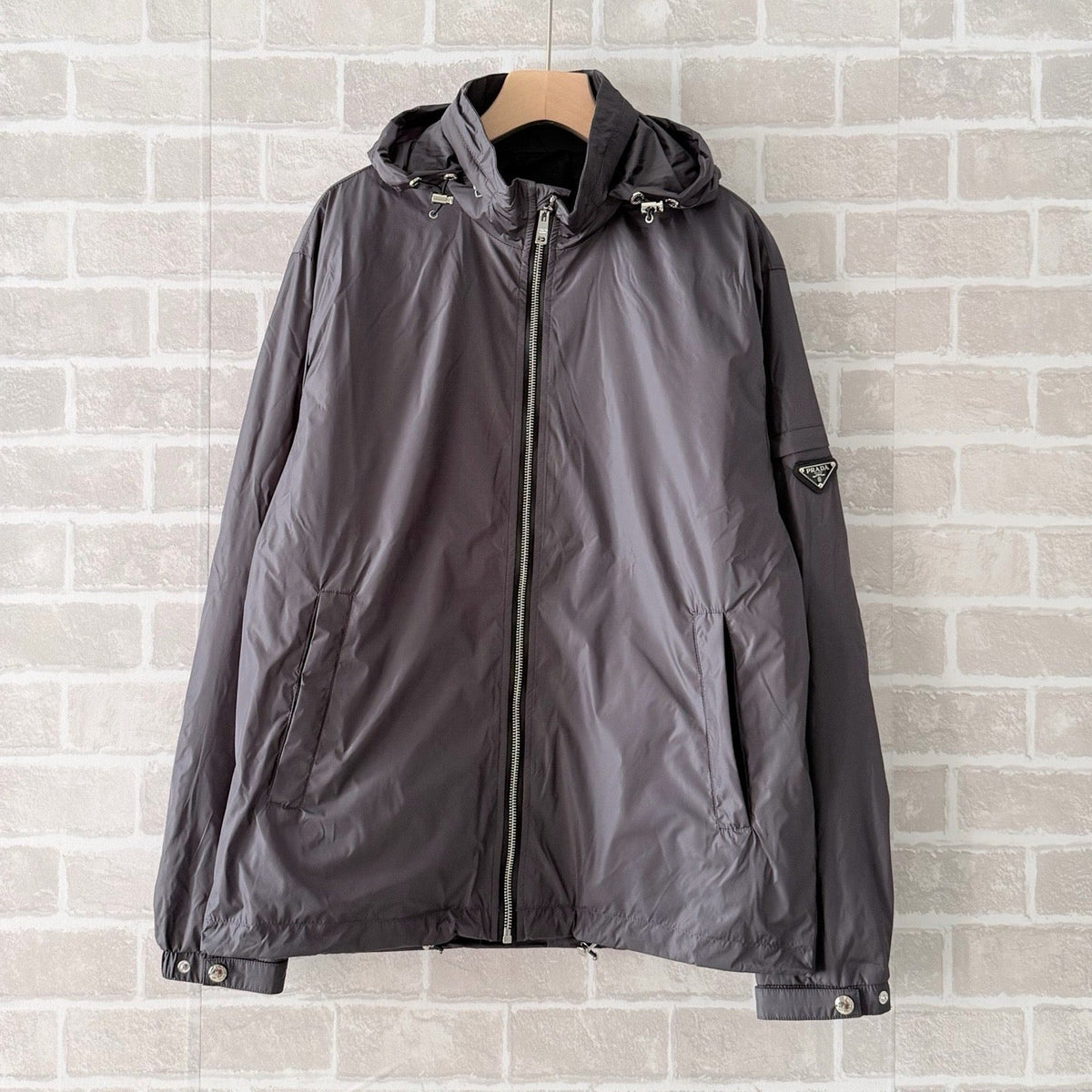Grey Nylon Plain Hooded - Men's