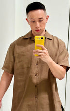 Brown Linen Plain Short-Sleeve - Men's