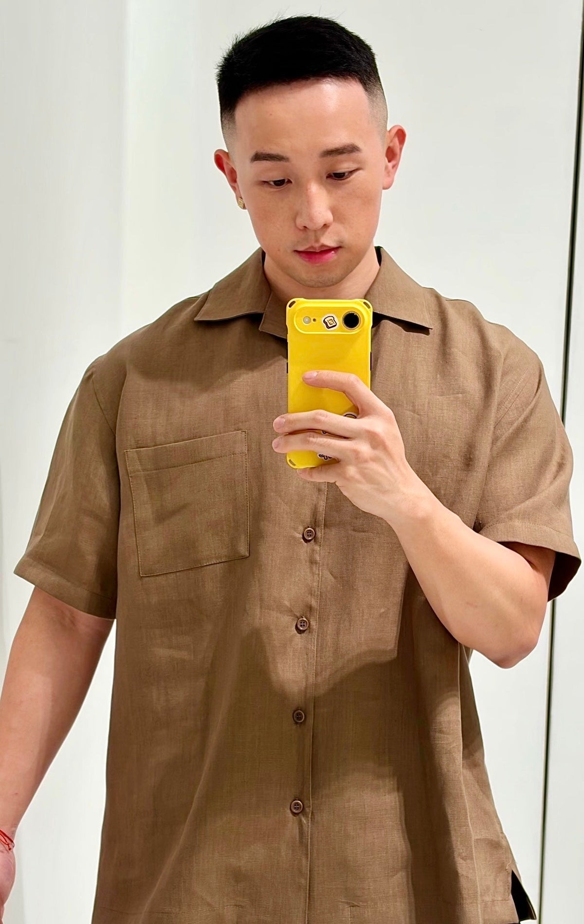 Brown Linen Plain Short-Sleeve - Men's
