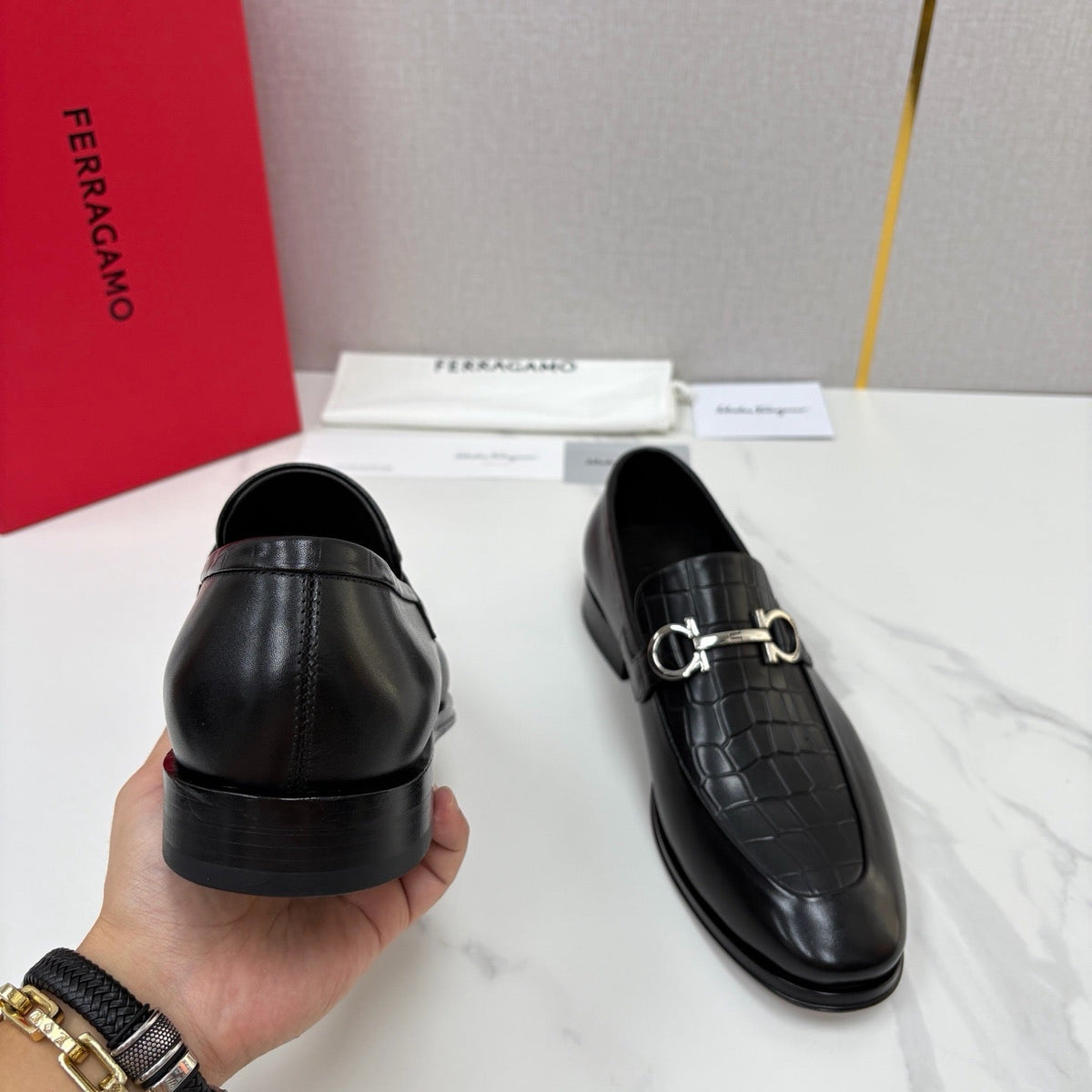 Black Leather Gancini Bit Loafer - Men's