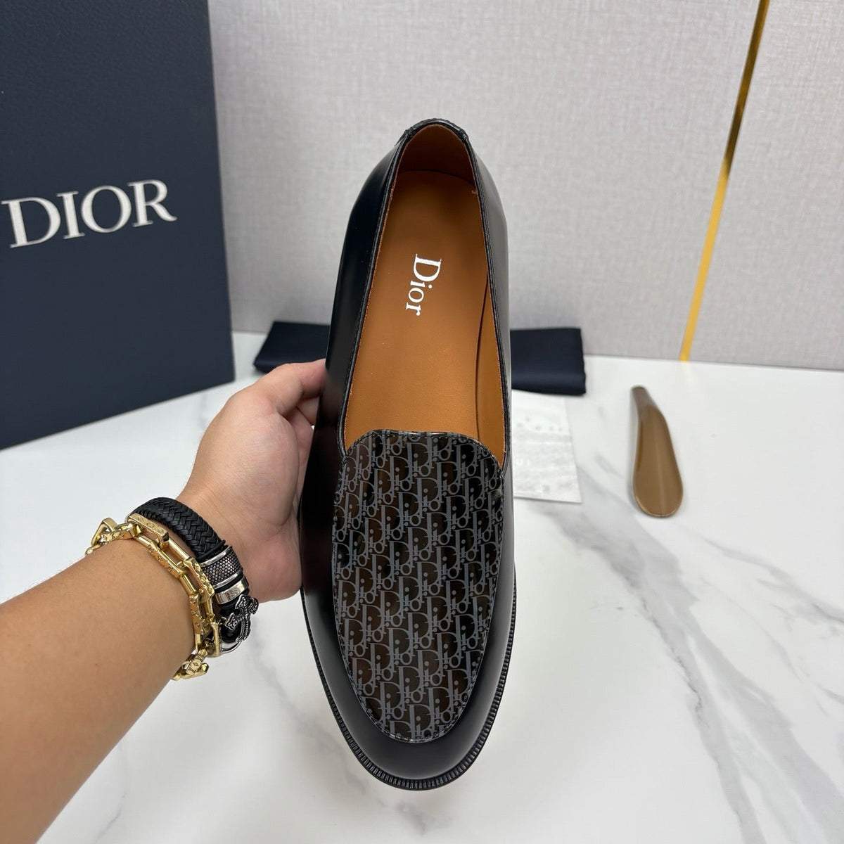 Black Leather Woven Strap Loafer - Men's