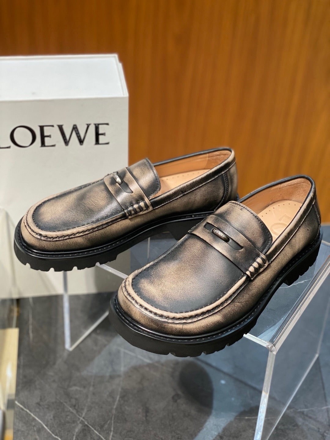 Black Leather Stacked Heel Penny Loafer - Men's