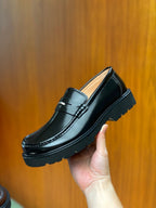 Black Leather Stacked Heel Penny Loafer - Men's