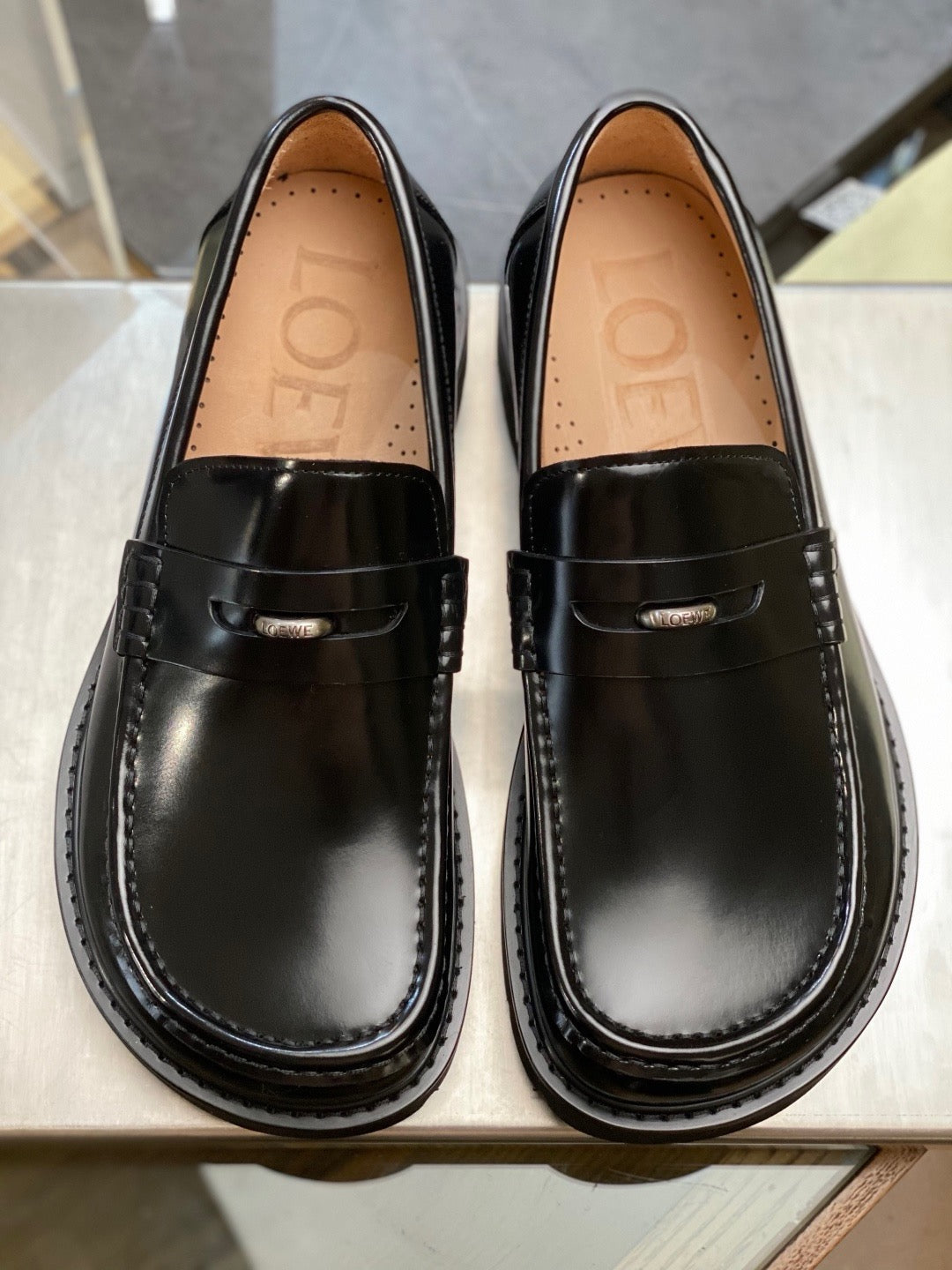 Black Leather Stacked Heel Penny Loafer - Men's