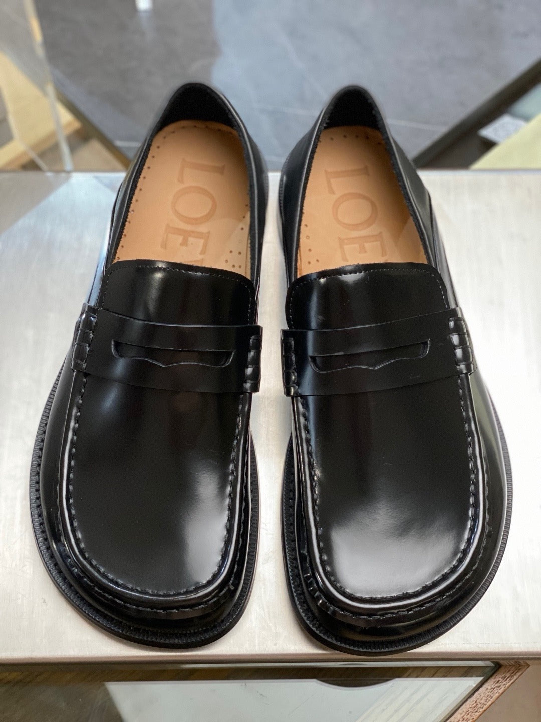 Black Leather Lug Sole Penny Loafer - Men's