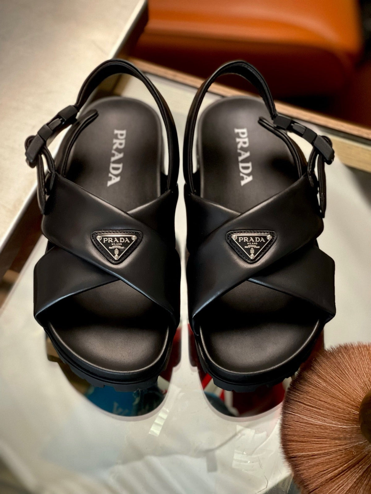 Black Leather Lug Sole Sandal - Men's
