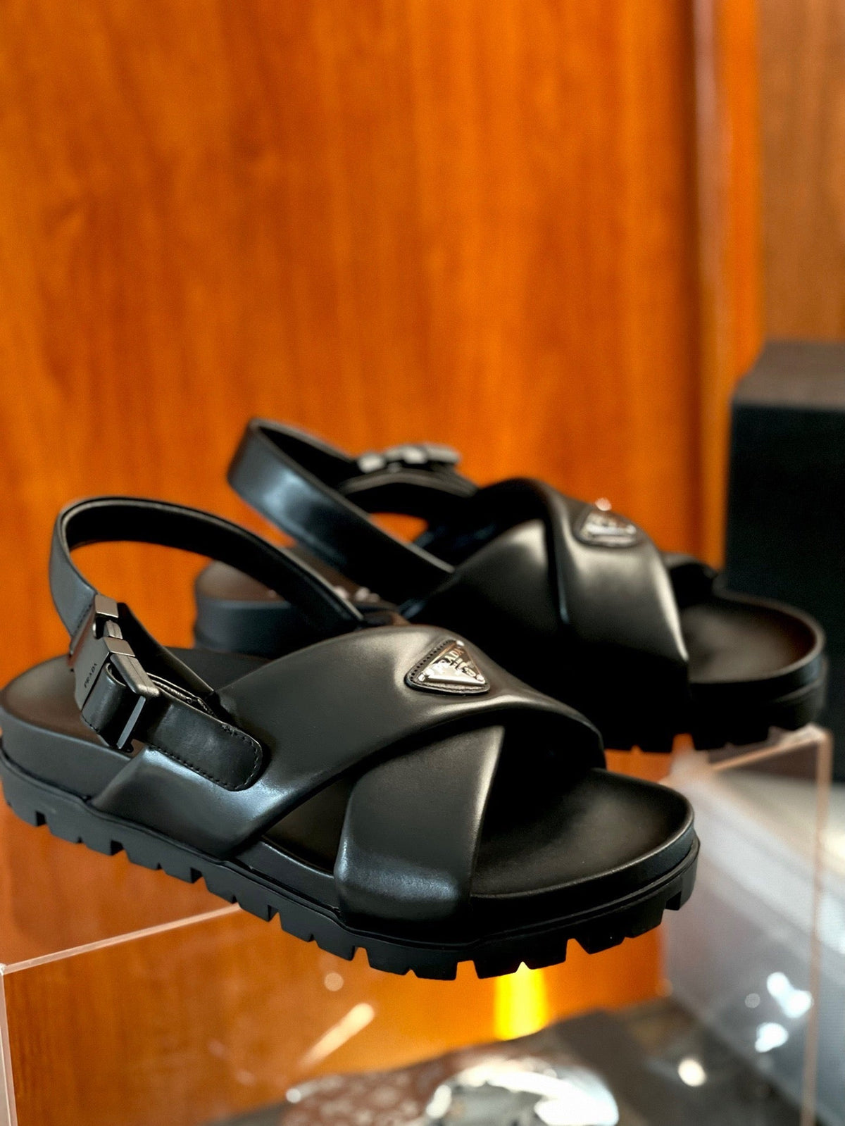Black Leather Lug Sole Sandal - Men's
