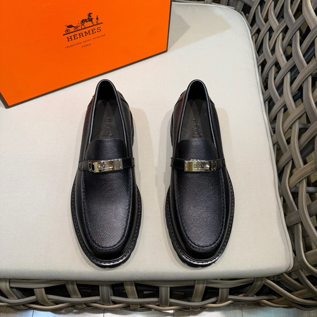 Black Leather Gold Hardware Loafer - Men's