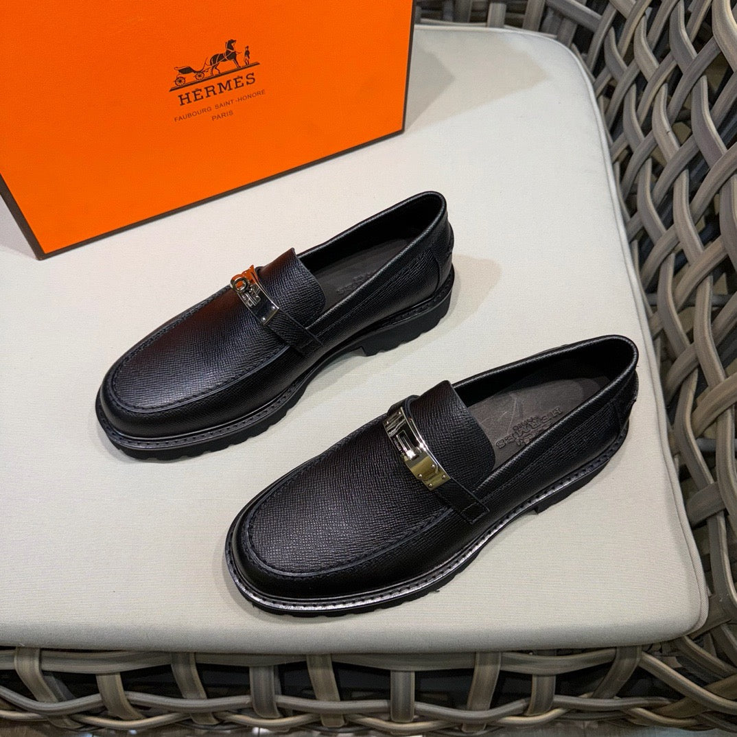 Black Leather Gold Hardware Loafer - Men's