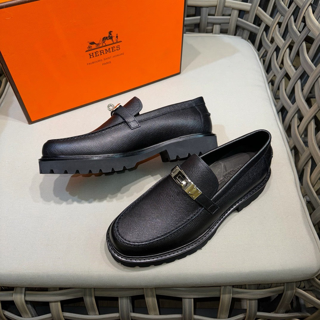 Black Leather Gold Hardware Loafer - Men's