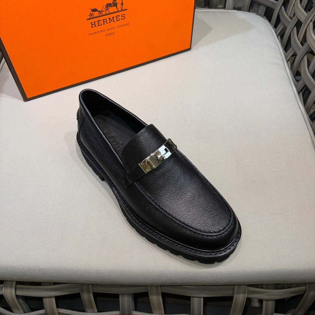 Black Leather Gold Hardware Loafer - Men's