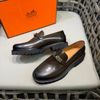 Black Leather Gold Hardware Loafer - Men's