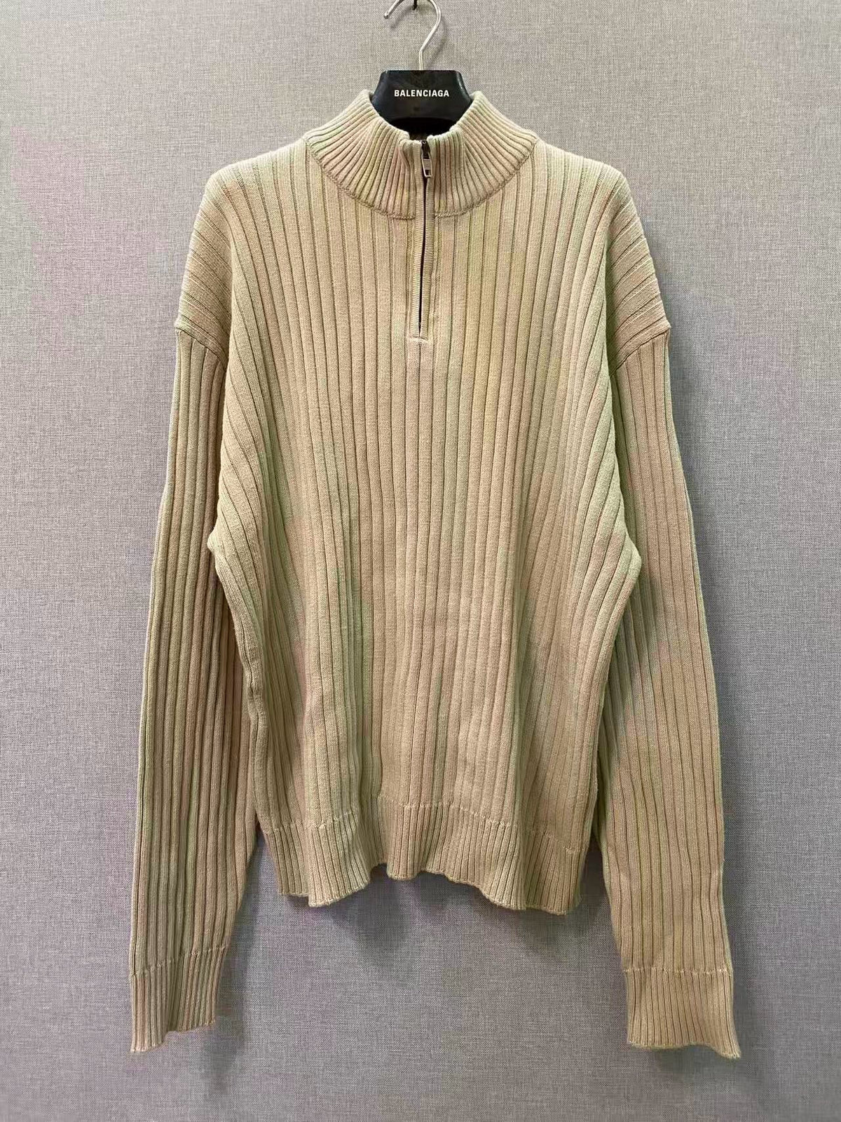 Beige Wool Ribbed Half-Zip - Men's